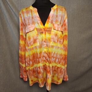 Calvin Klein Blouse Womens Sz L TieDye Long Roll Tab Sleeve Button Front Bright